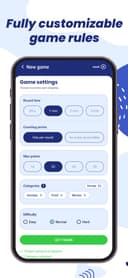 Showem new game settings for time, points, categories, and difficulty